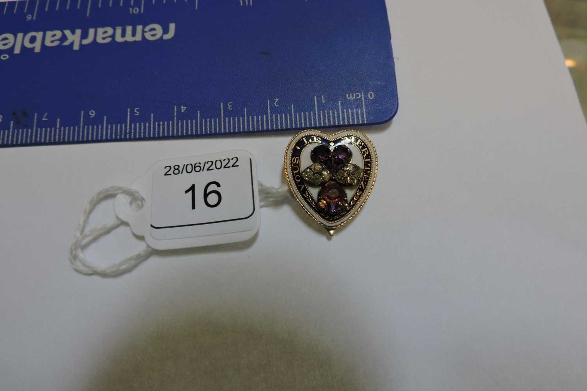A late Georgian amethyst, citrine, diamond and enamel, heart shaped clip brooch, - Image 3 of 3