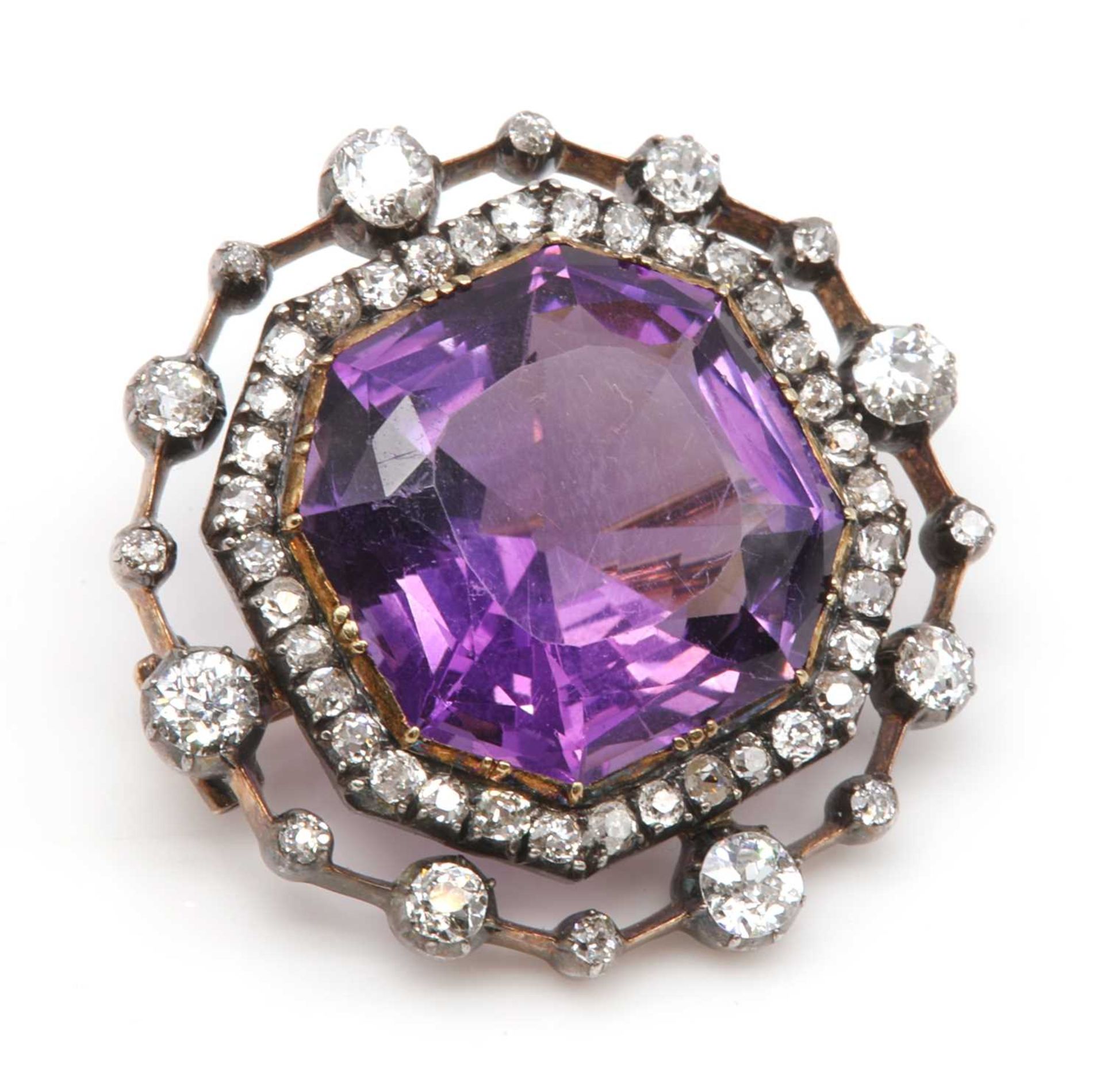 A late Victorian amethyst and diamond brooch, c.1890,