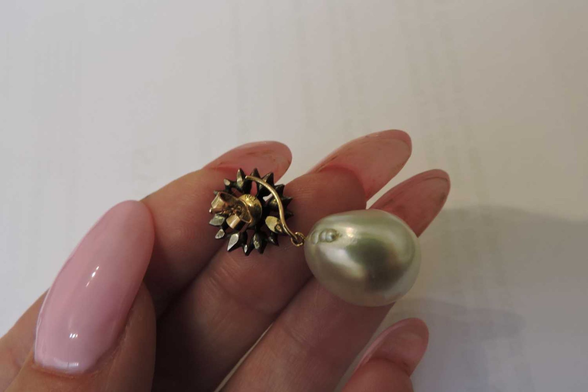 A pair of diamond and cultured South Sea baroque pearl drop earrings, - Image 3 of 4