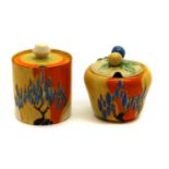 A pair of Clarice Cliff 'Windbells' pattern preserve pots and covers,