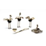 A set of three Mexican silver and hardstone models of storks,