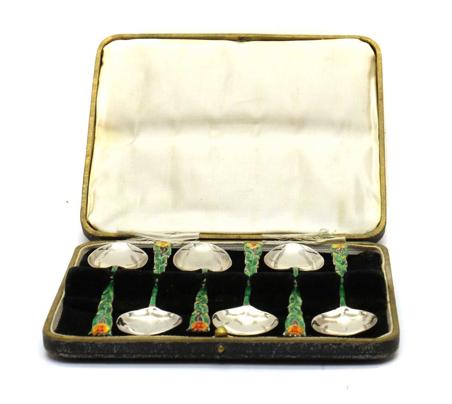 A set of six Art Nouveau silver and enamel teaspoons, - Image 2 of 3