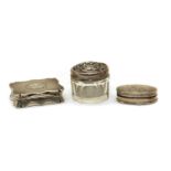 Silver vinaigrette, lidded box and silver topped jar