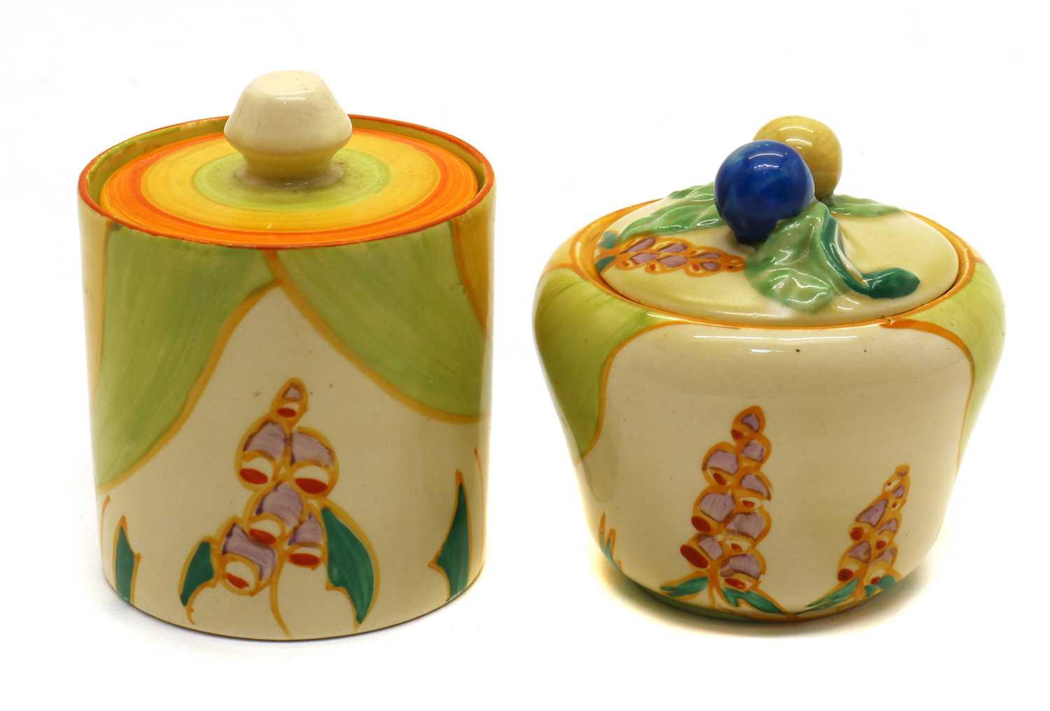 A pair of Clarice Cliff 'Windbells' pattern preserve pots and covers, - Image 2 of 3