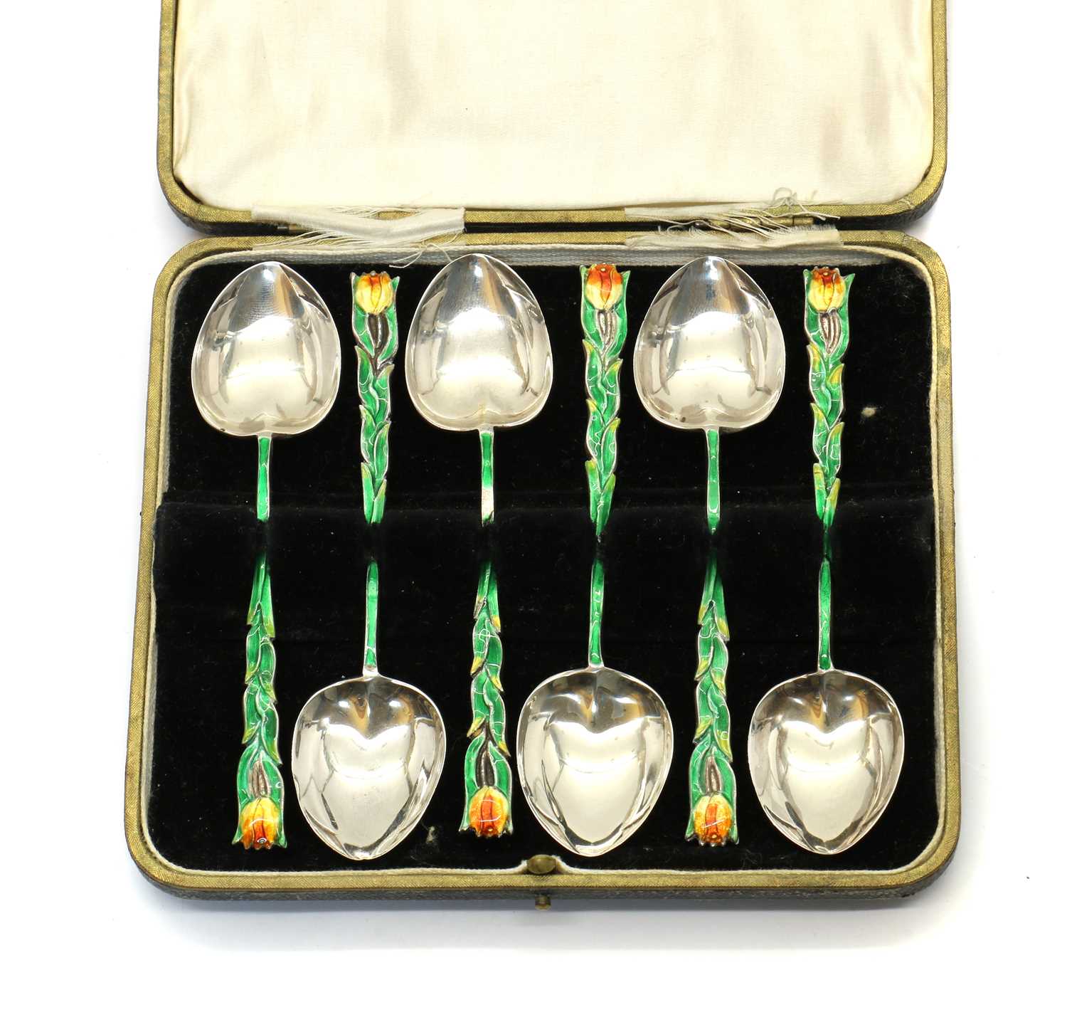 A set of six Art Nouveau silver and enamel teaspoons,