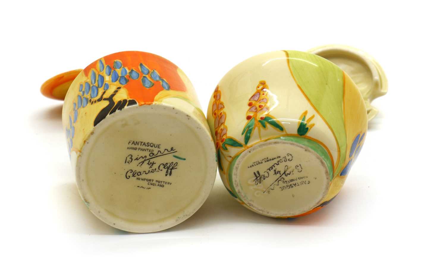 A pair of Clarice Cliff 'Windbells' pattern preserve pots and covers, - Image 3 of 3