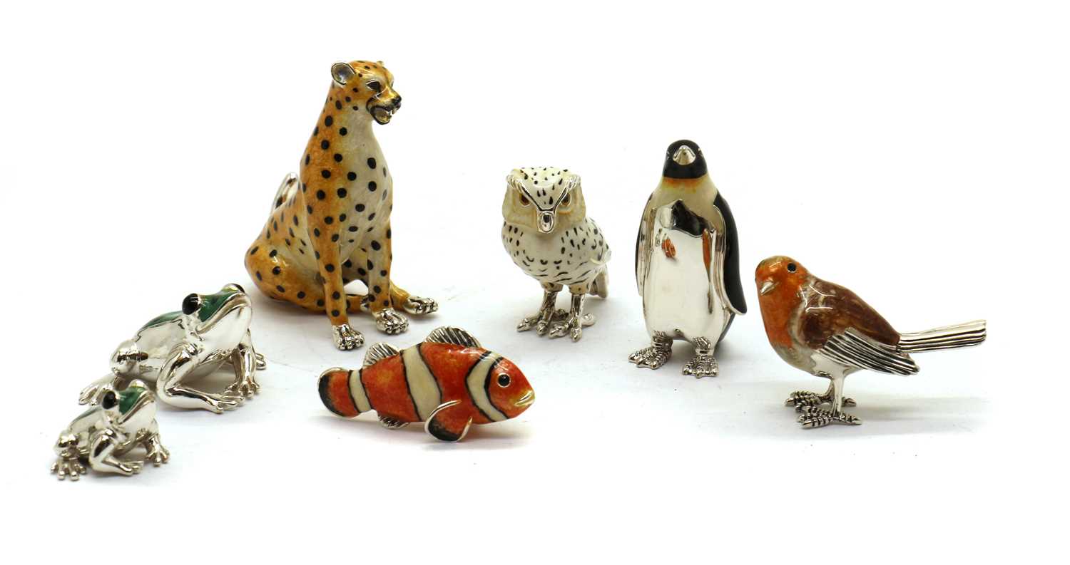 A collection of six modern silver and enamelled animals,