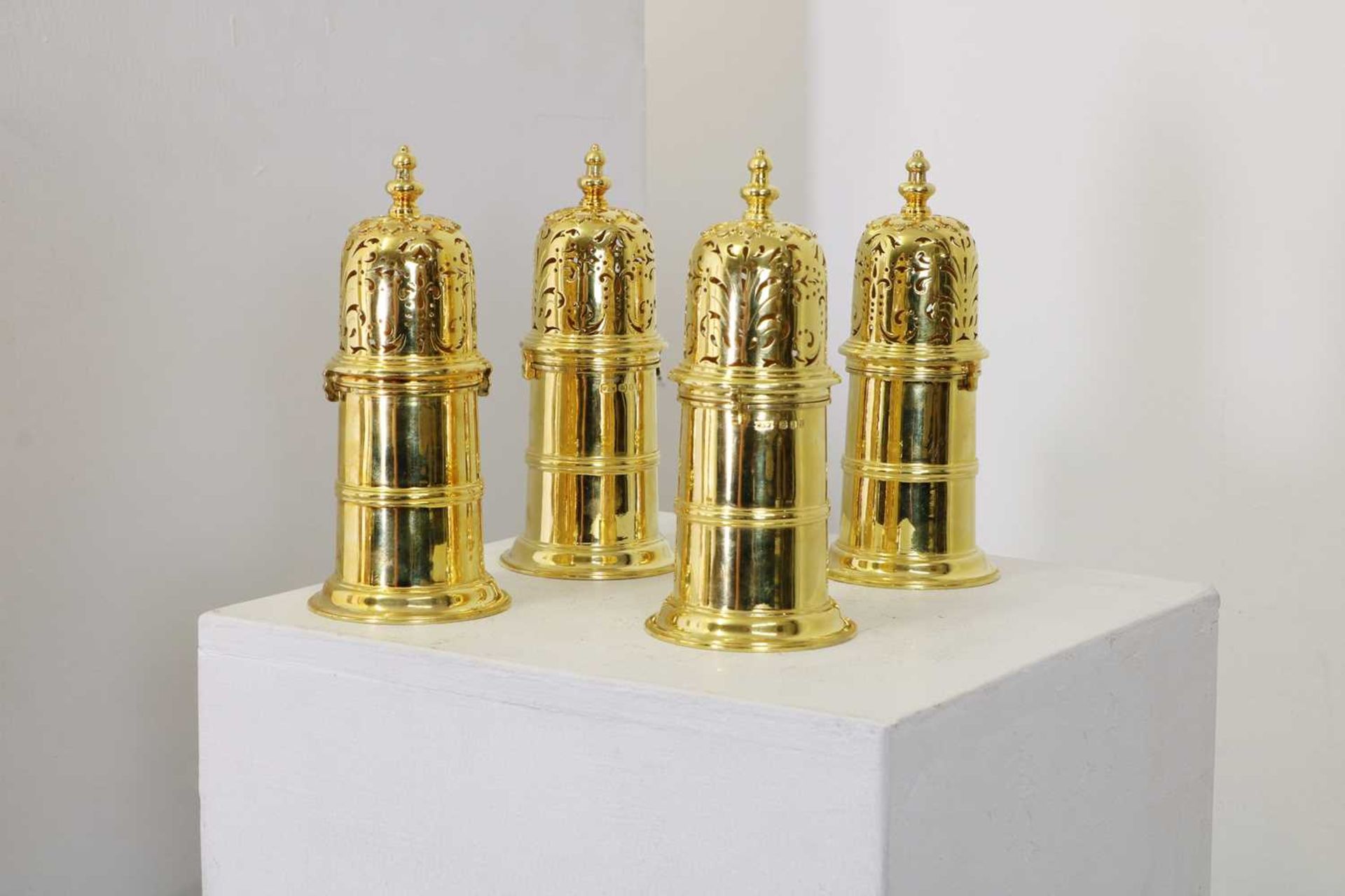 A set of four silver-gilt reproduction lighthouse sugar casters, - Image 4 of 6