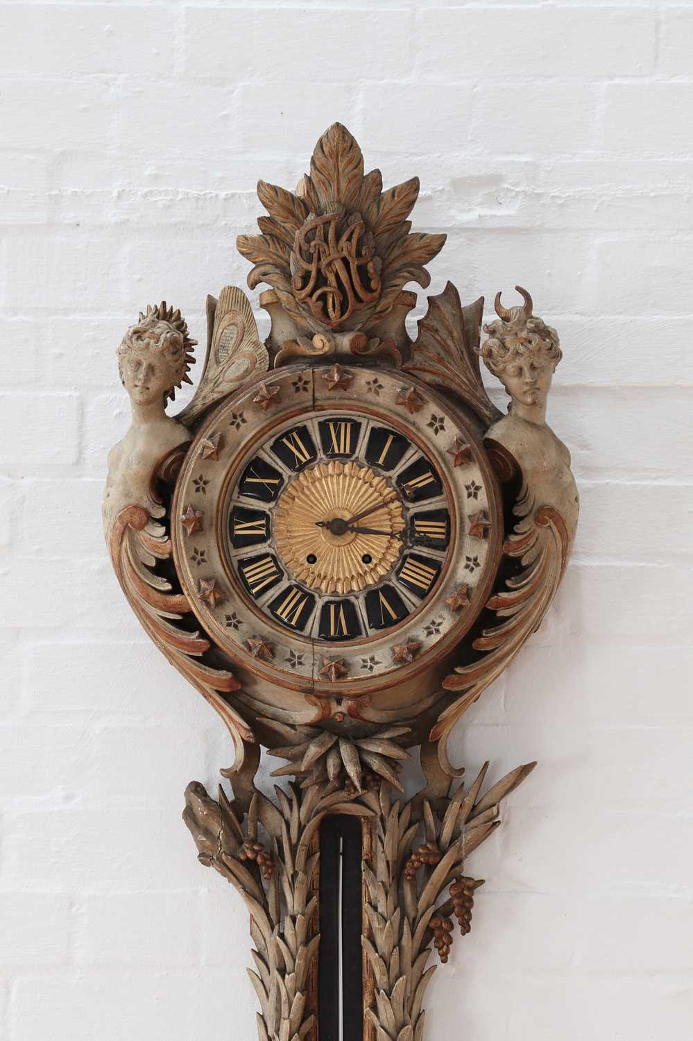 A Continental carved and painted softwood wall clock, - Image 4 of 17