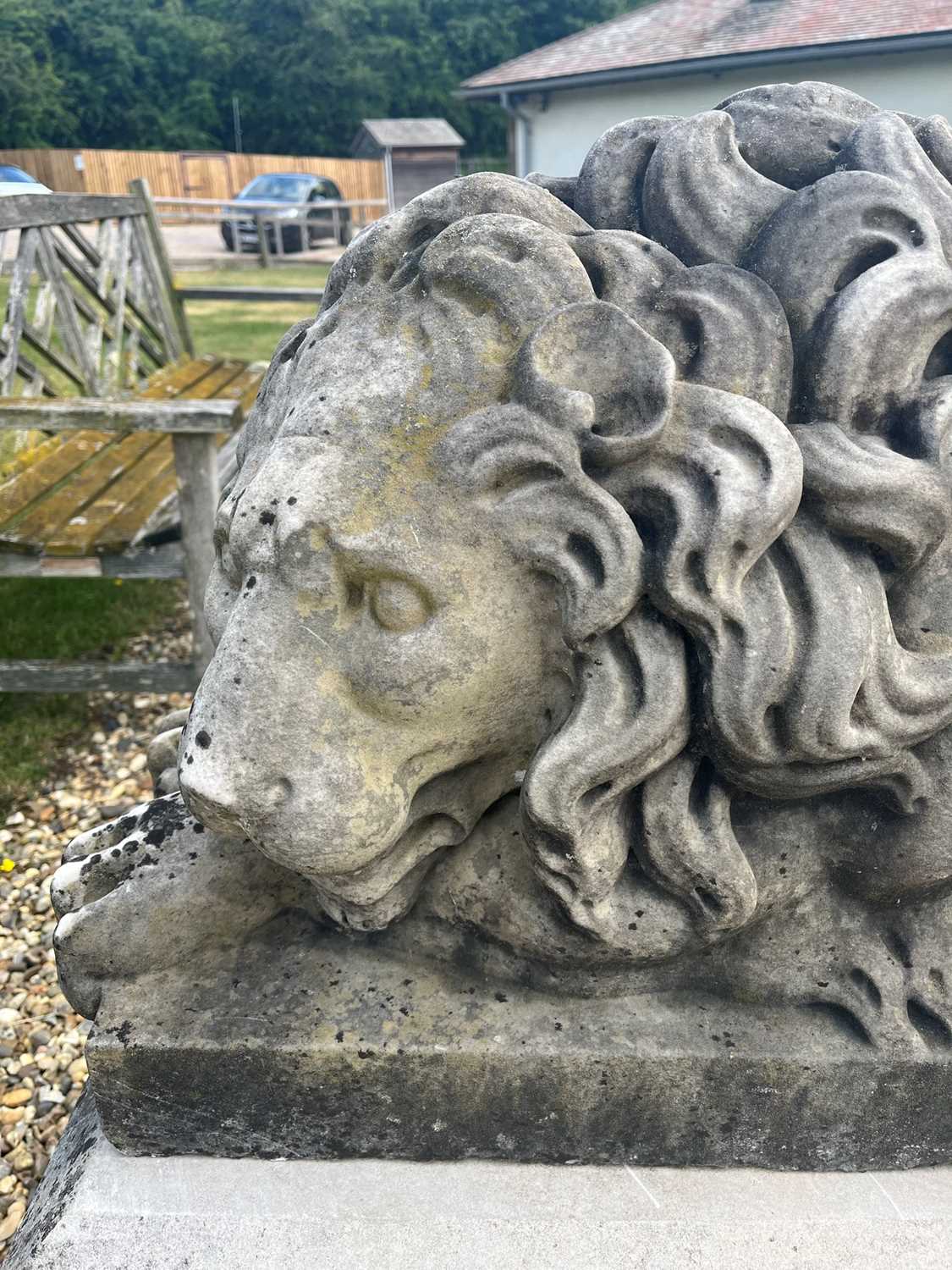 A pair of monumental marble lions on plinths, - Image 13 of 25