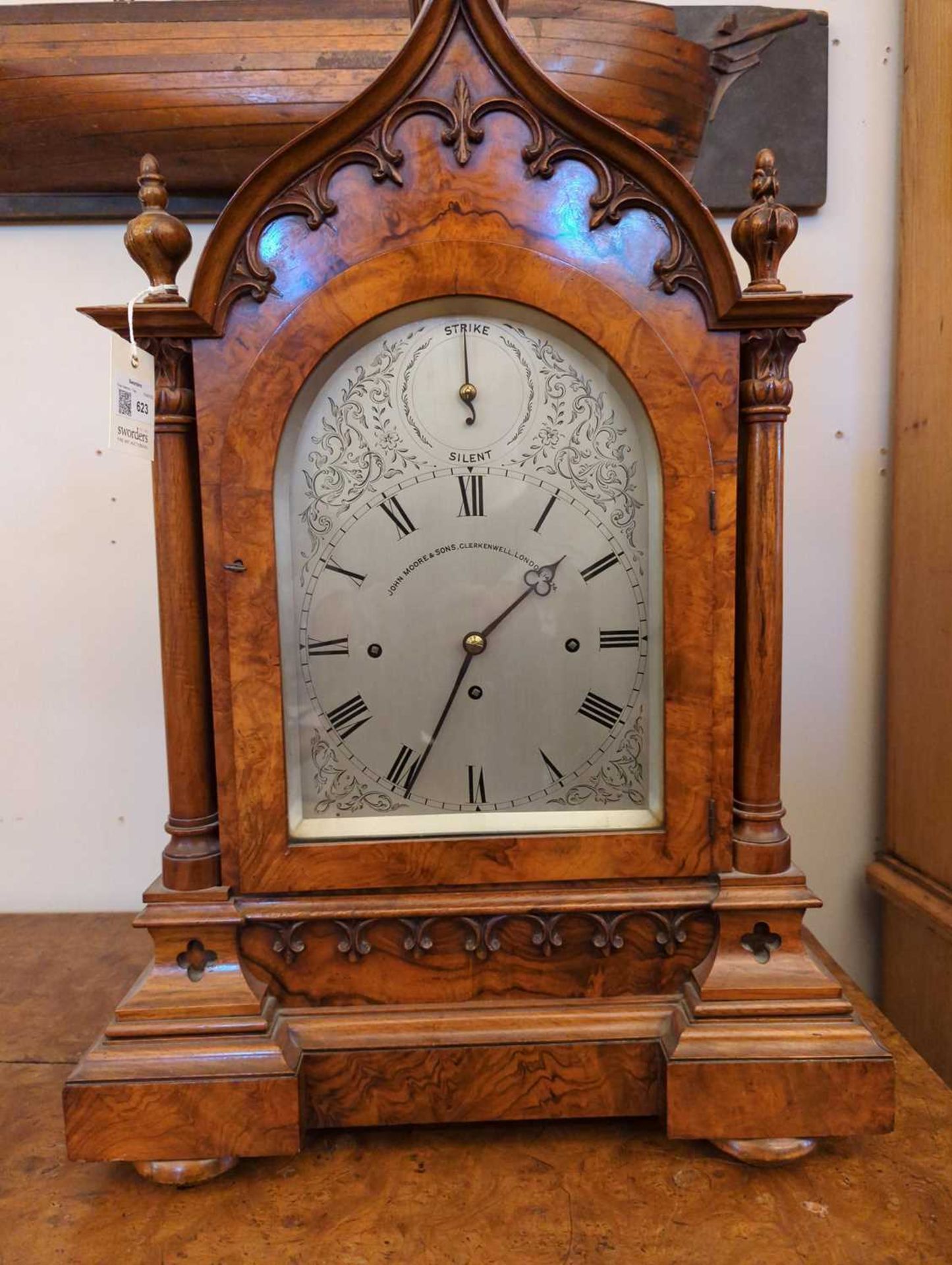 A Victorian Gothic Revival burr walnut bracket clock, - Image 8 of 9