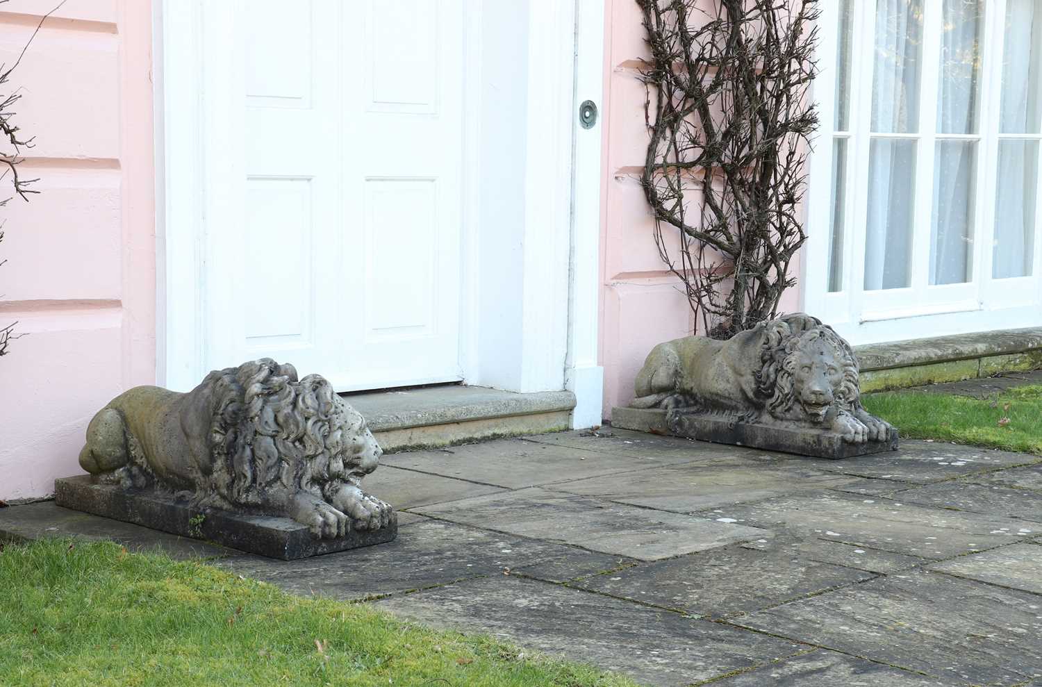 A pair of monumental marble lions on plinths, - Image 3 of 25