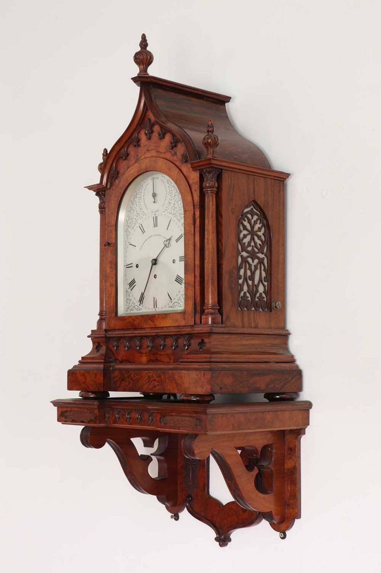 A Victorian Gothic Revival burr walnut bracket clock, - Image 3 of 9