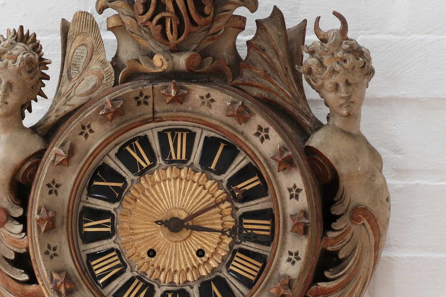 A Continental carved and painted softwood wall clock, - Image 8 of 17