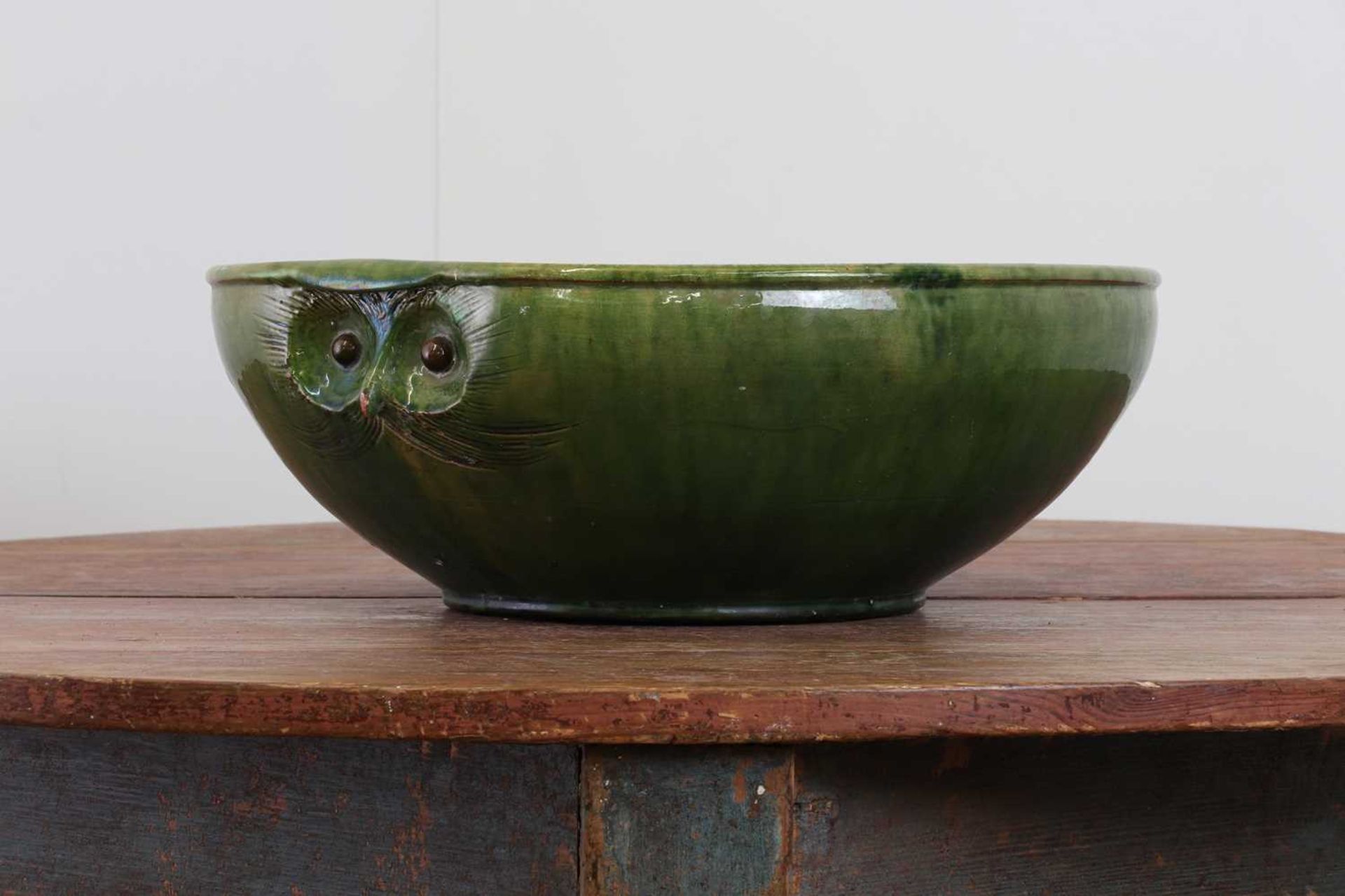 A large green-glazed stoneware owl-form bowl, - Image 3 of 5