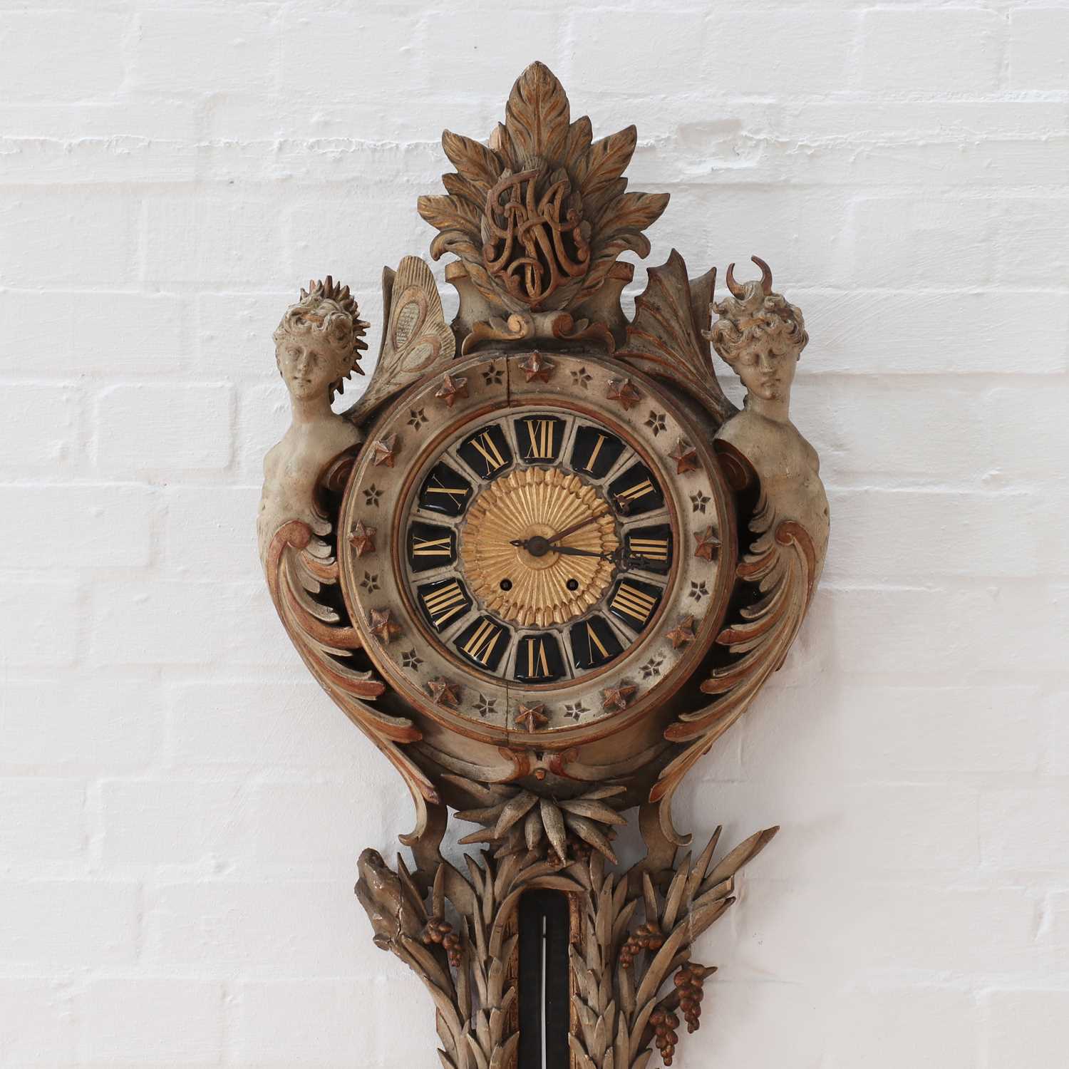 A Continental carved and painted softwood wall clock, - Image 3 of 17