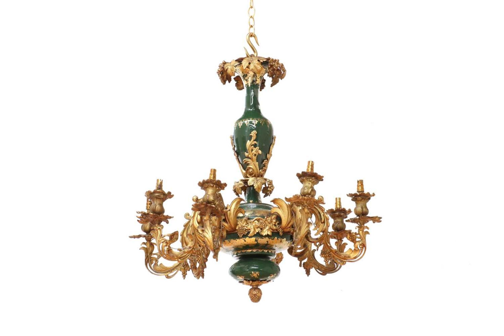 A green glass and gilt-metal chandelier,