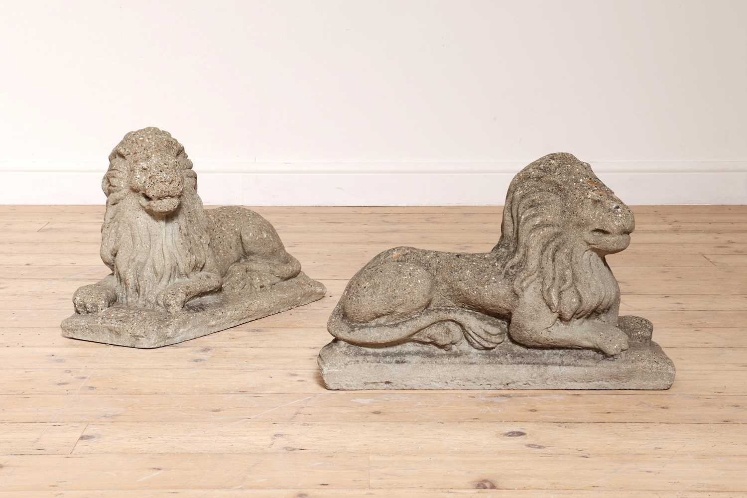 A pair of reconstituted stone recumbent lions,