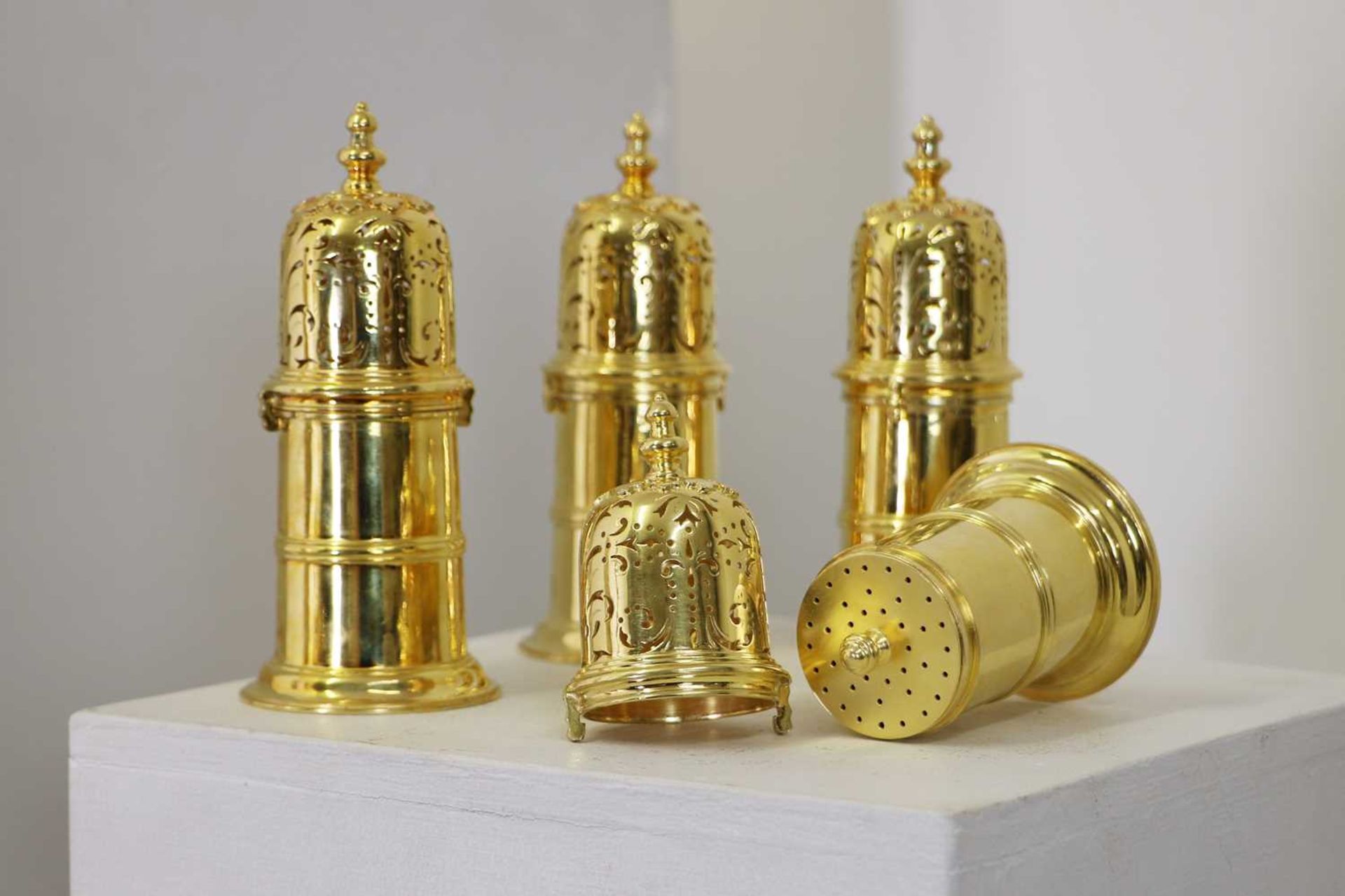 A set of four silver-gilt reproduction lighthouse sugar casters, - Image 5 of 6