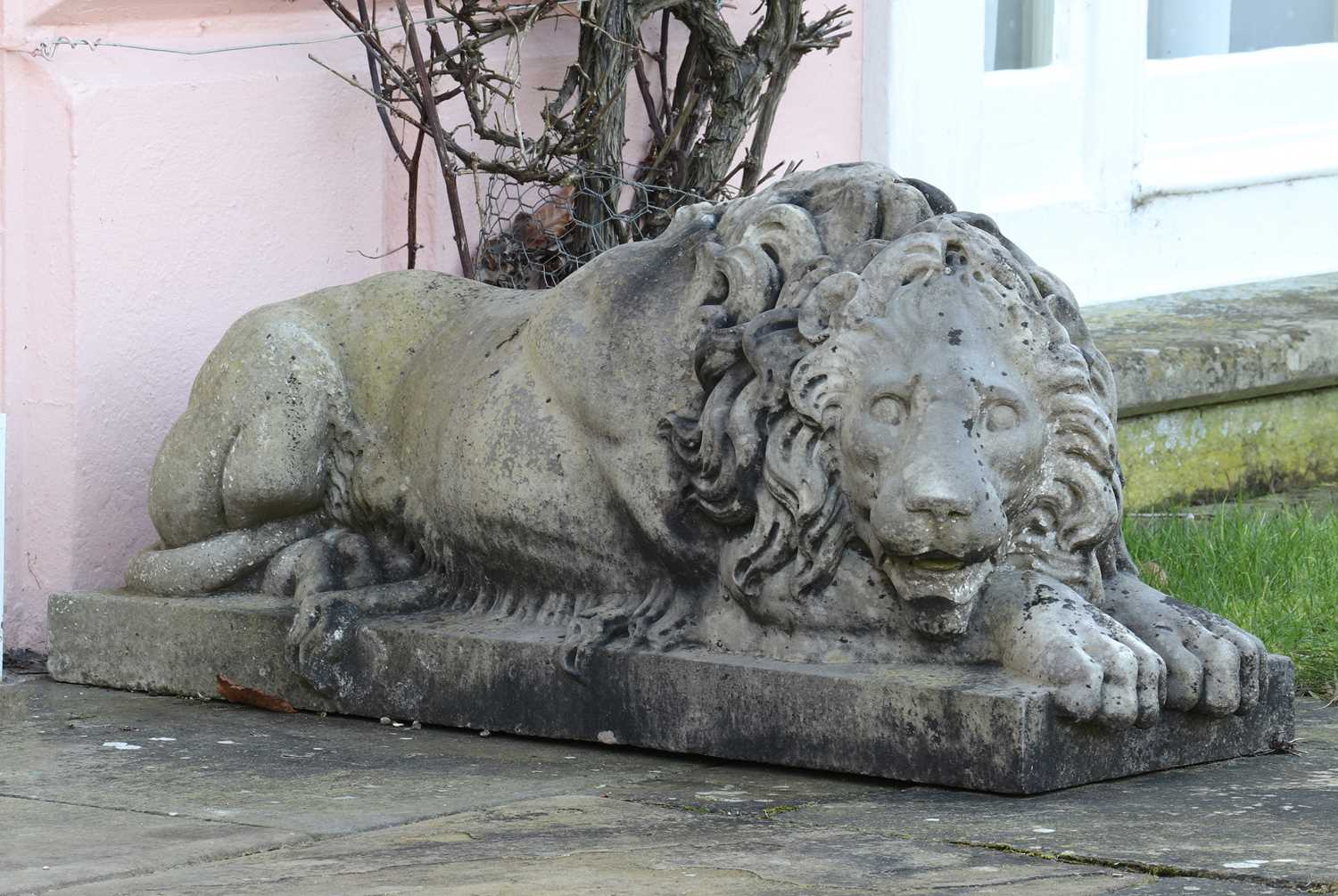 A pair of monumental marble lions on plinths, - Image 2 of 25