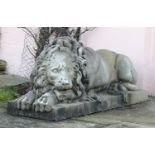A pair of monumental marble lions on plinths,