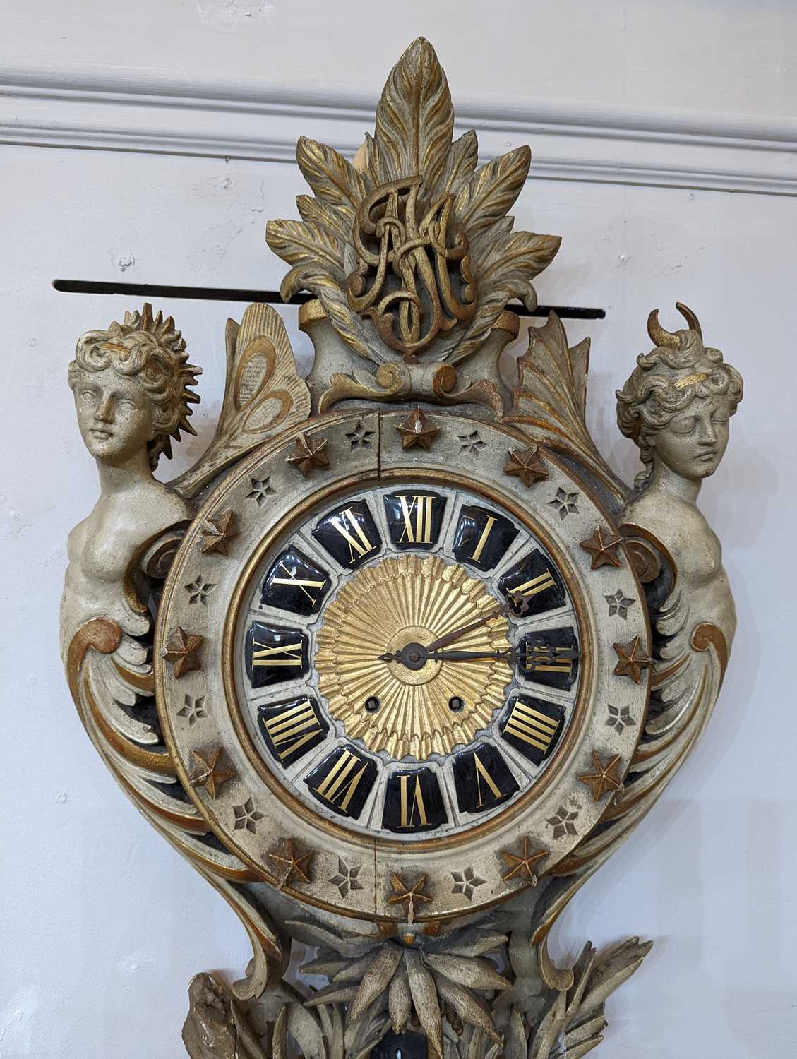 A Continental carved and painted softwood wall clock, - Image 14 of 17