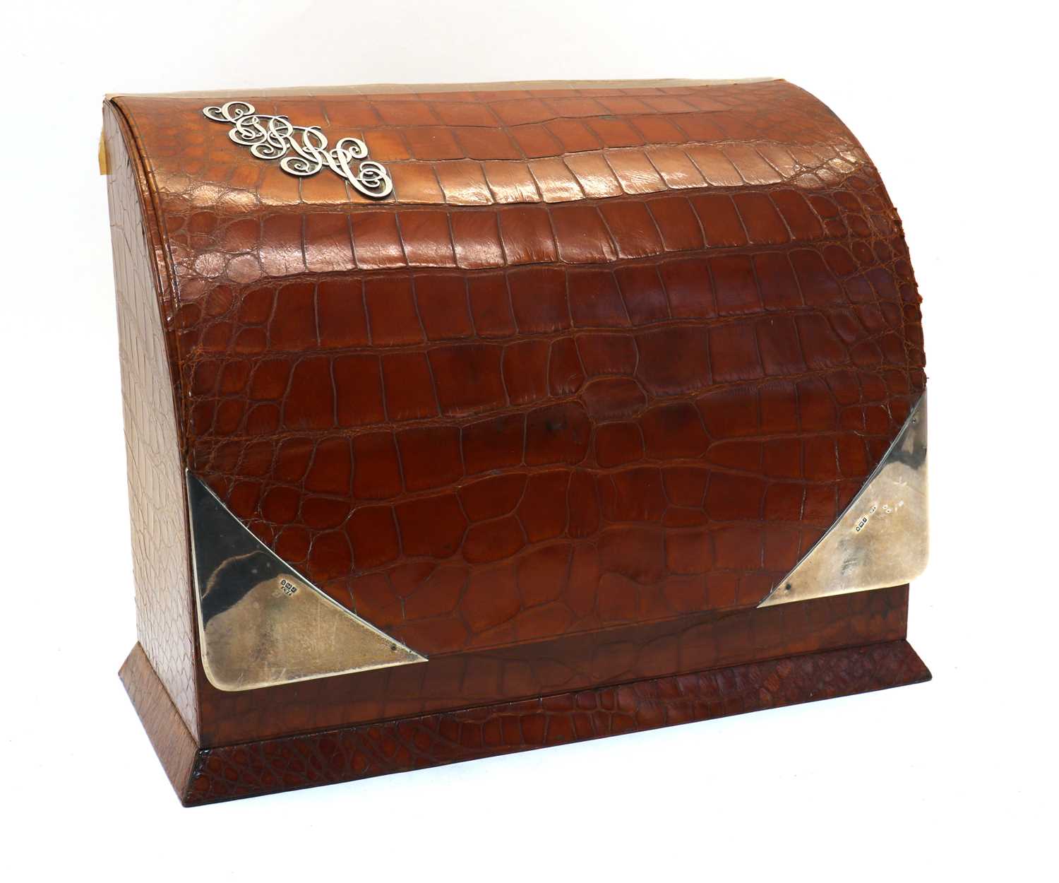 An Edwardian silver mounted crocodile skin stationery box