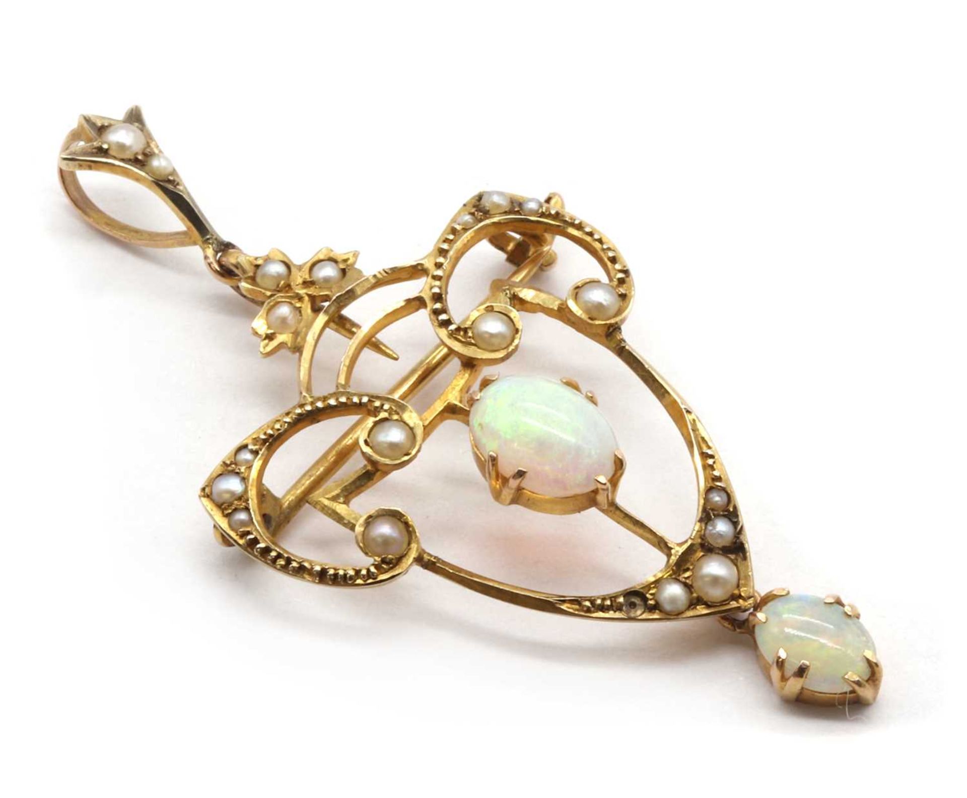 An Edwardian gold opal and split pearl brooch/pendant,