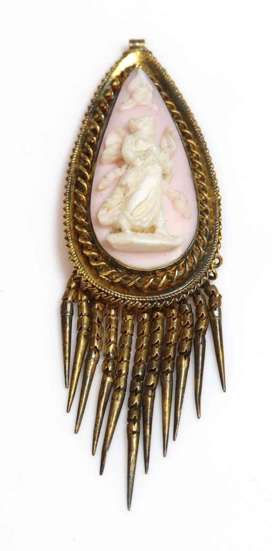 A Victorian pear shaped carved conch shell cameo pendant or earring,