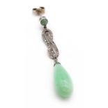 A single jade and diamond drop earring,