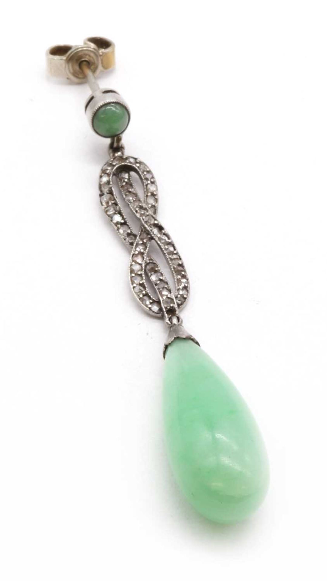 A single jade and diamond drop earring,