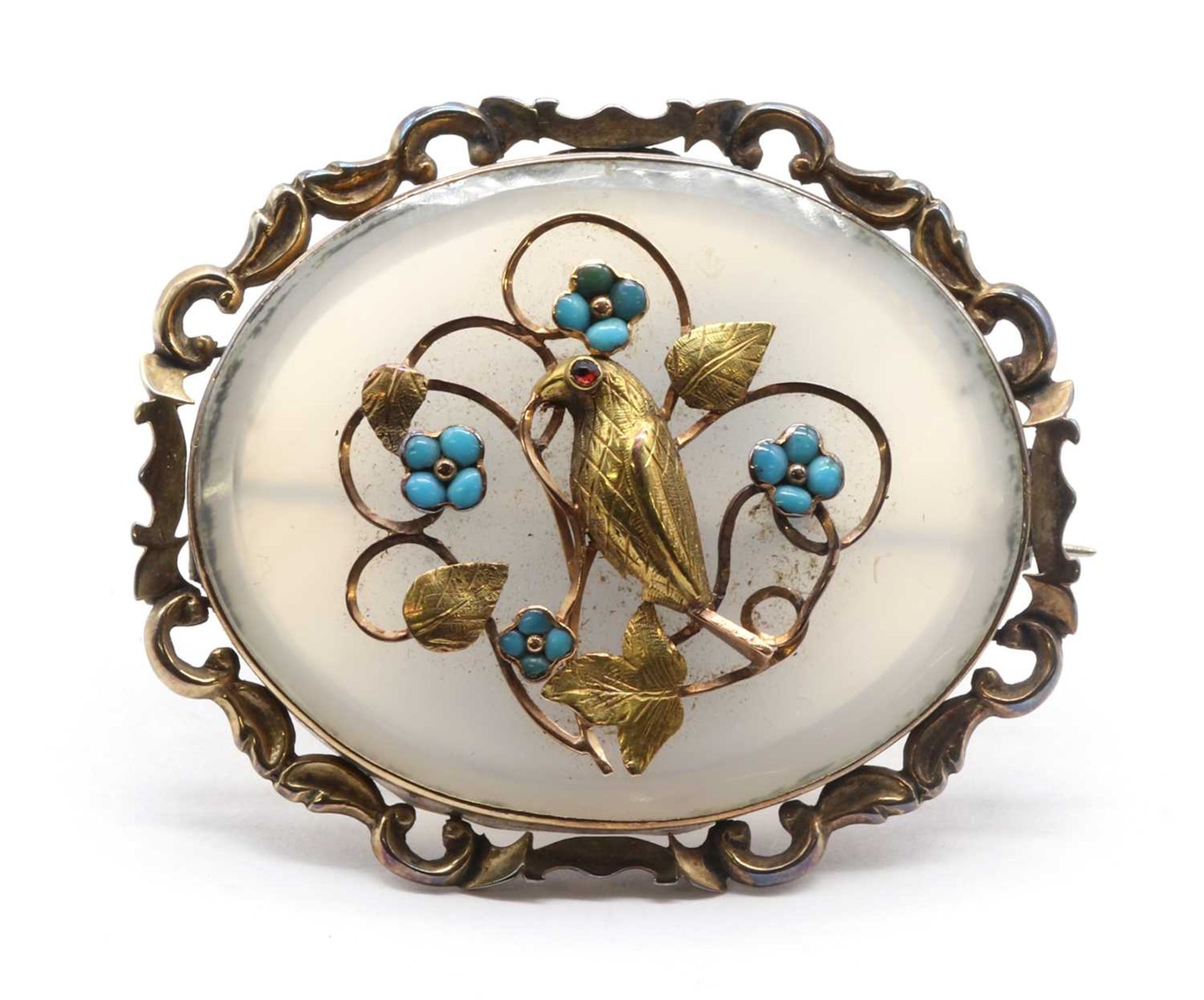 A Victorian rolled gold chalcedony and turquoise brooch,