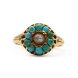 A Victorian 18ct gold split pearl and turquoise cluster ring,