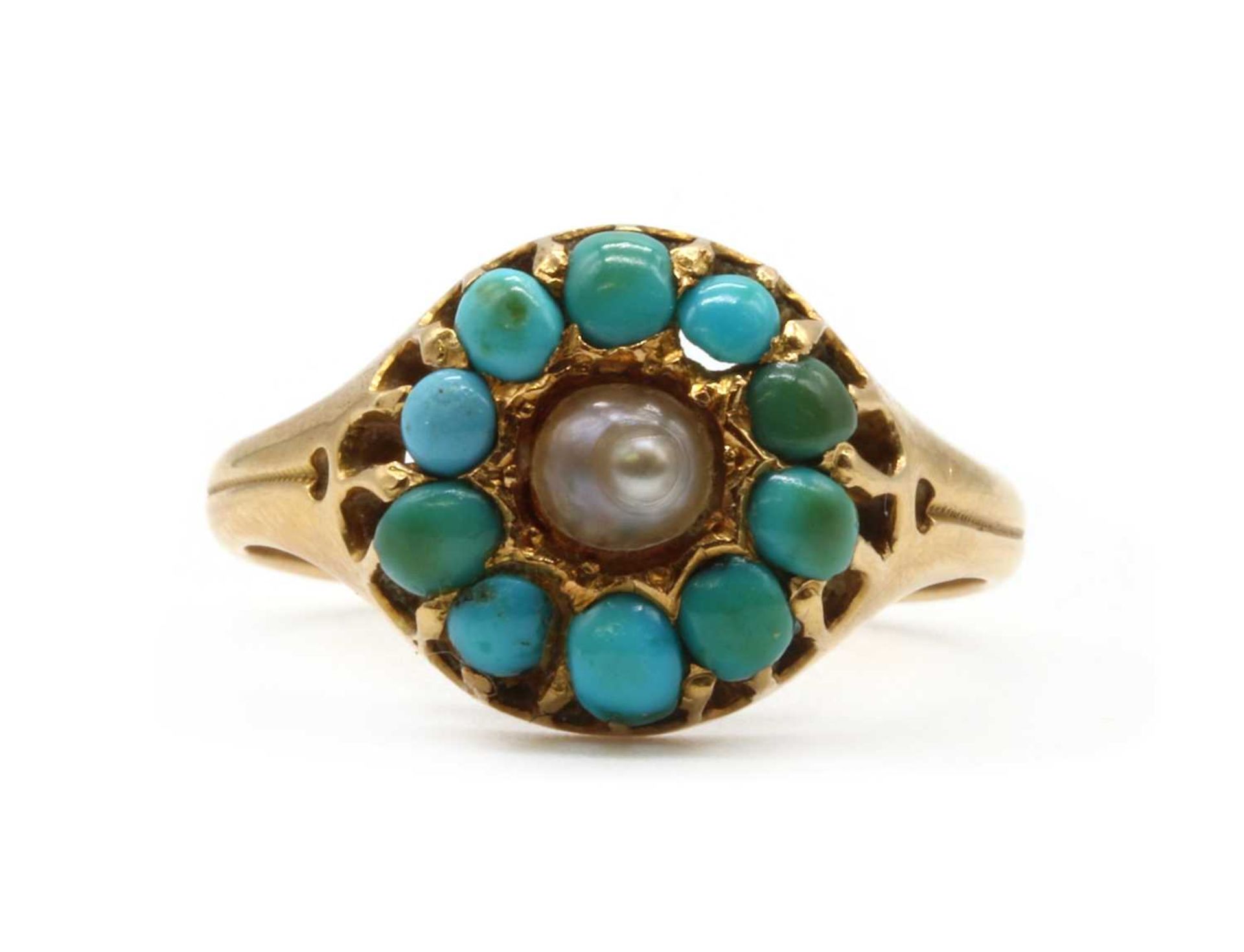 A Victorian 18ct gold split pearl and turquoise cluster ring,
