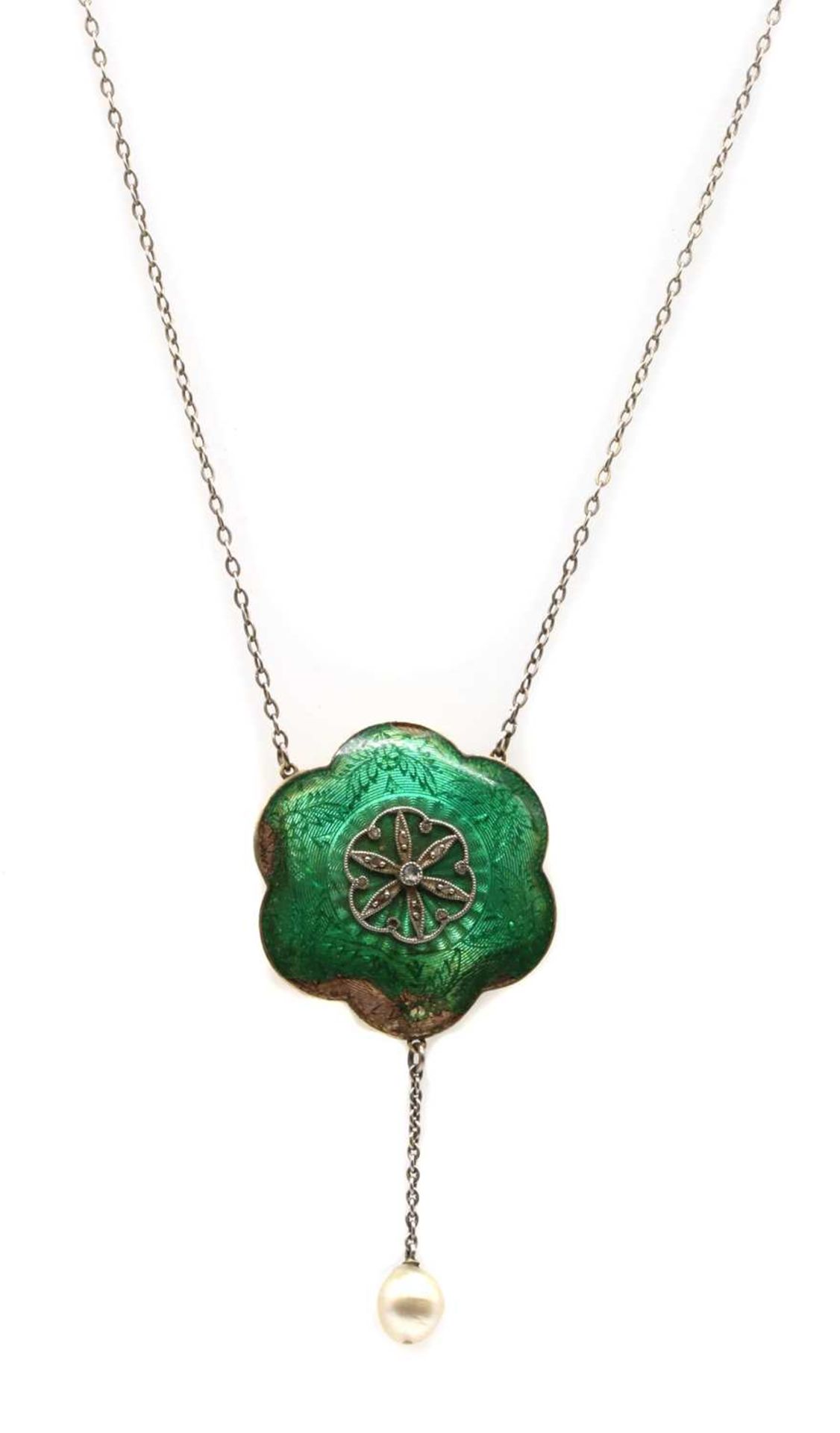 An Edwardian silver and gold, diamond and enamel pendant,