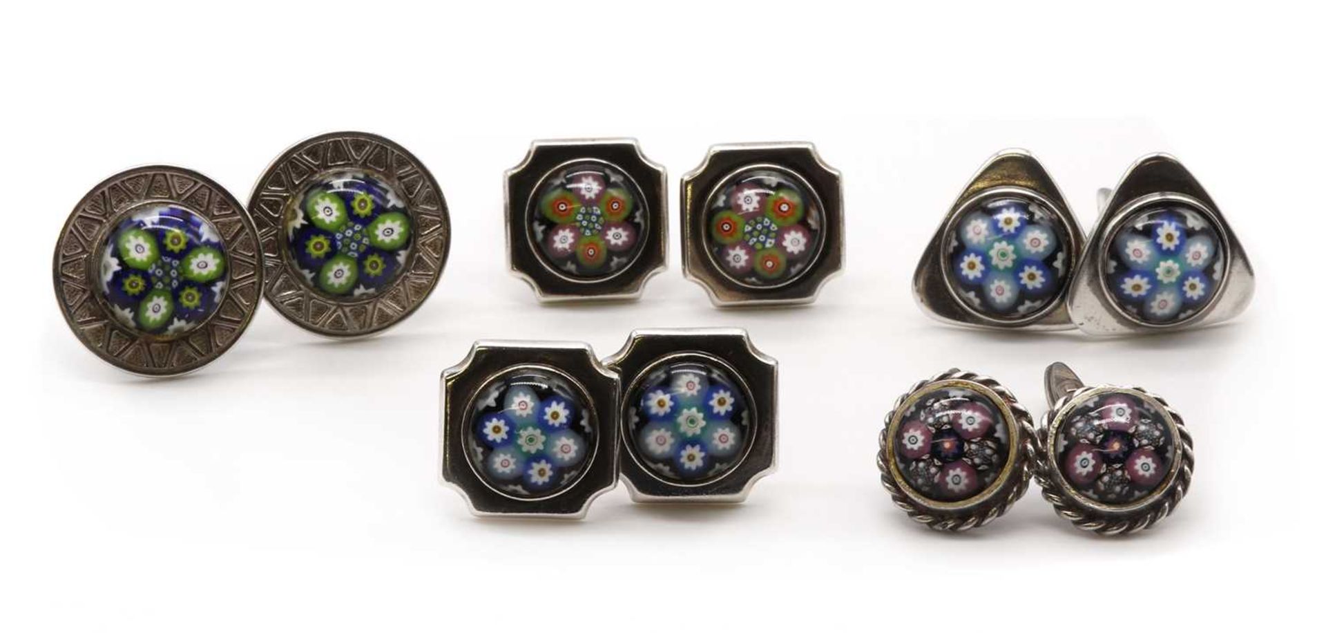 Five pairs of Scottish silver millefiori glass cufflinks, by Caithness Jewellery,