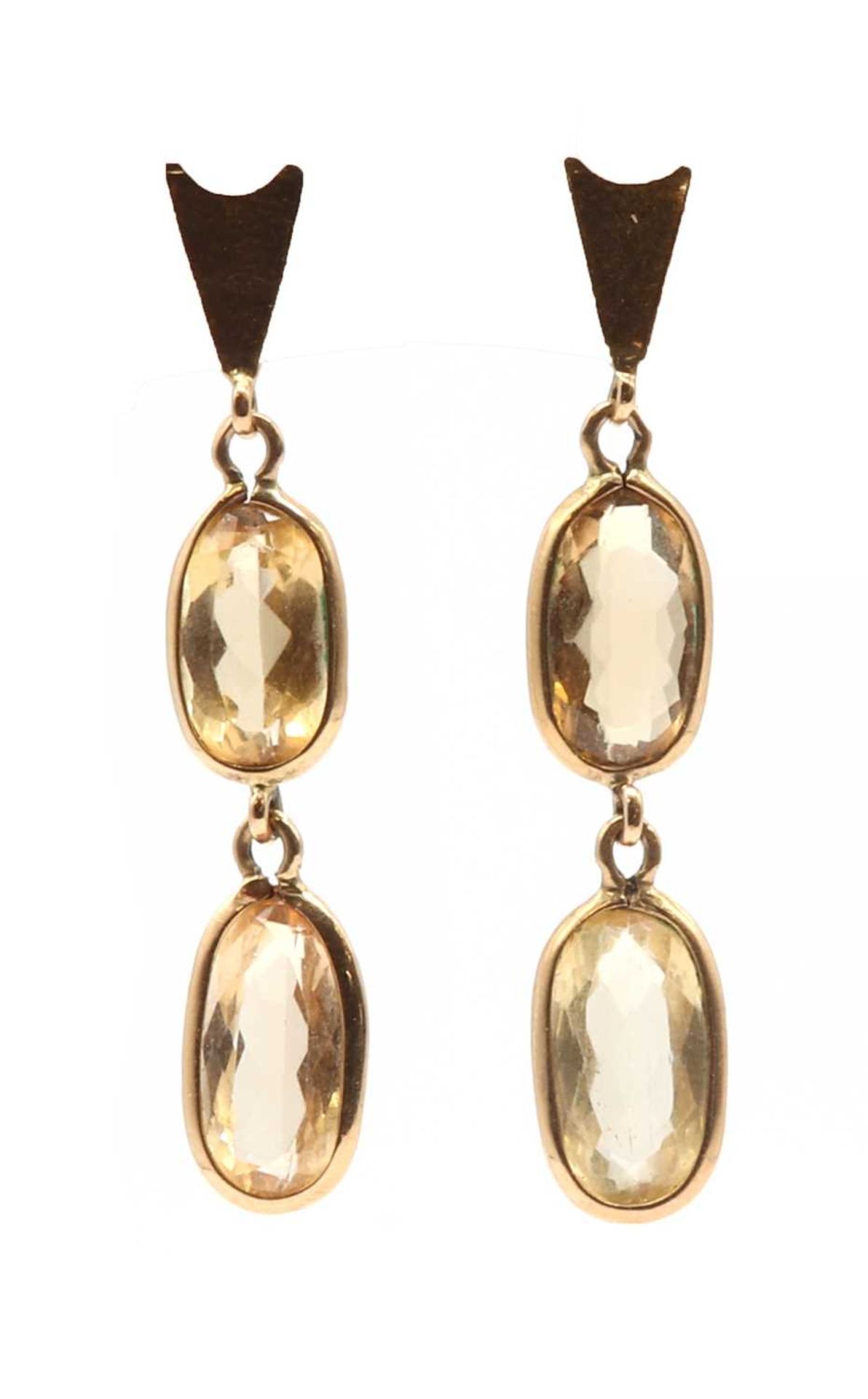 A pair of gold yellow topaz drop earrings,