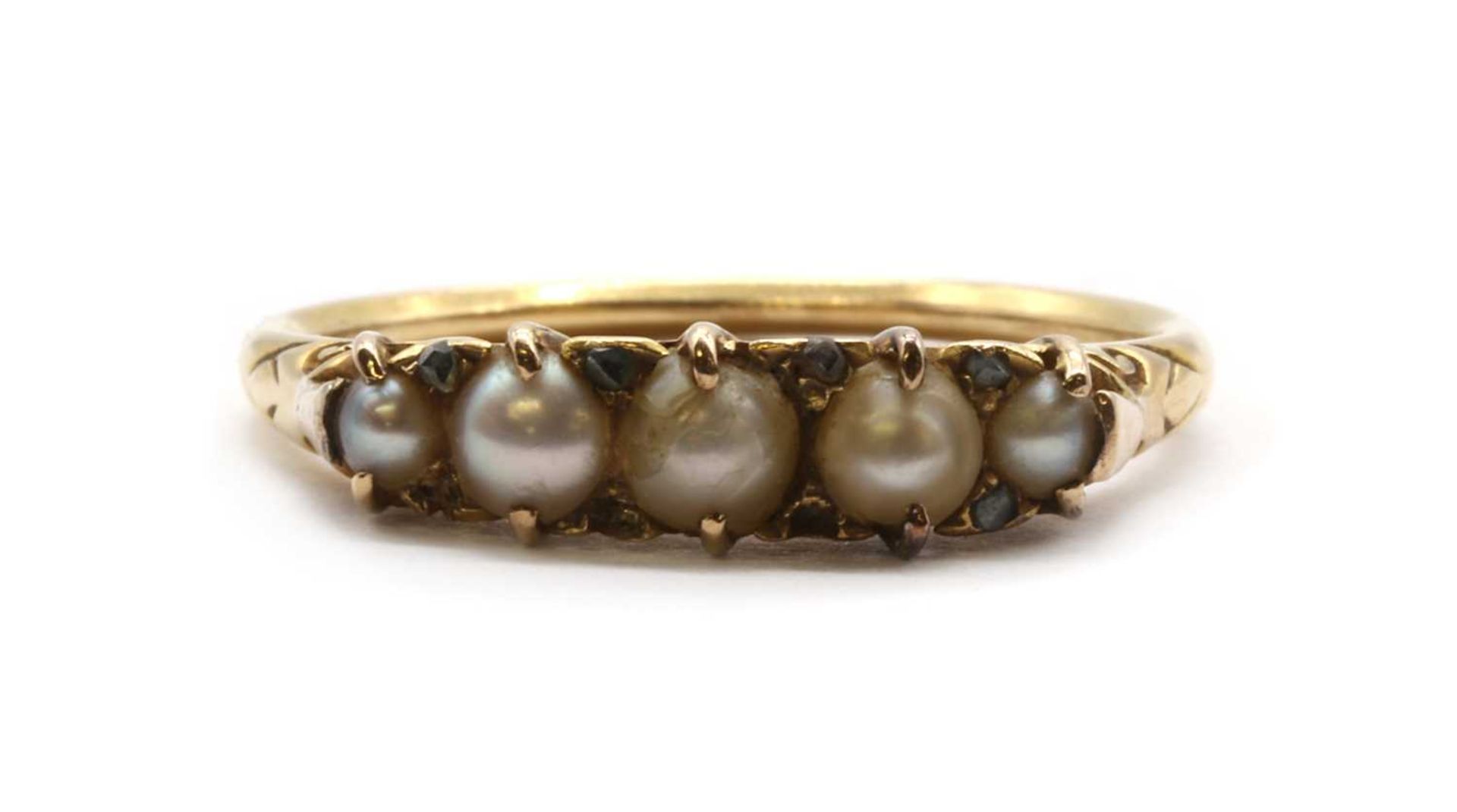 A gold split pearl and diamond ring,