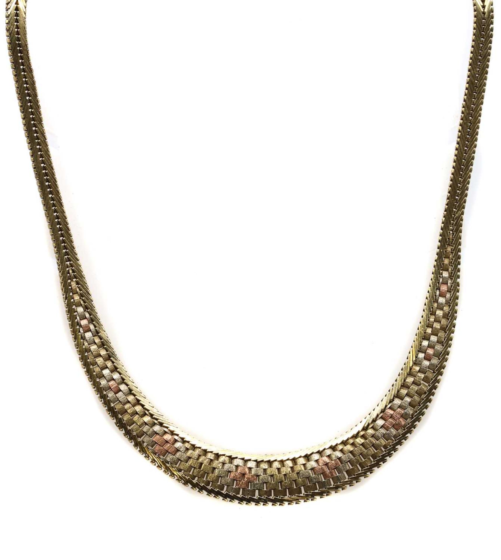 A 9ct three colour gold brick link necklace,