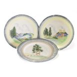 Three Clarice Cliff 'Crayon Scenes' plates,