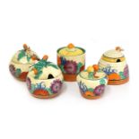 A collection of five Clarice Cliff 'Gayday' preserve pots,