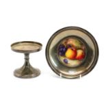 A Royal Worcester porcelain Fallen Fruits silver mounted tazza