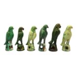A collection of six Chinese style pottery parrots,