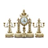 A gilt metal and faux white marble clock portico clock garniture,