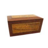 A Tunbridge ware mahogany and olive wood tea caddy,