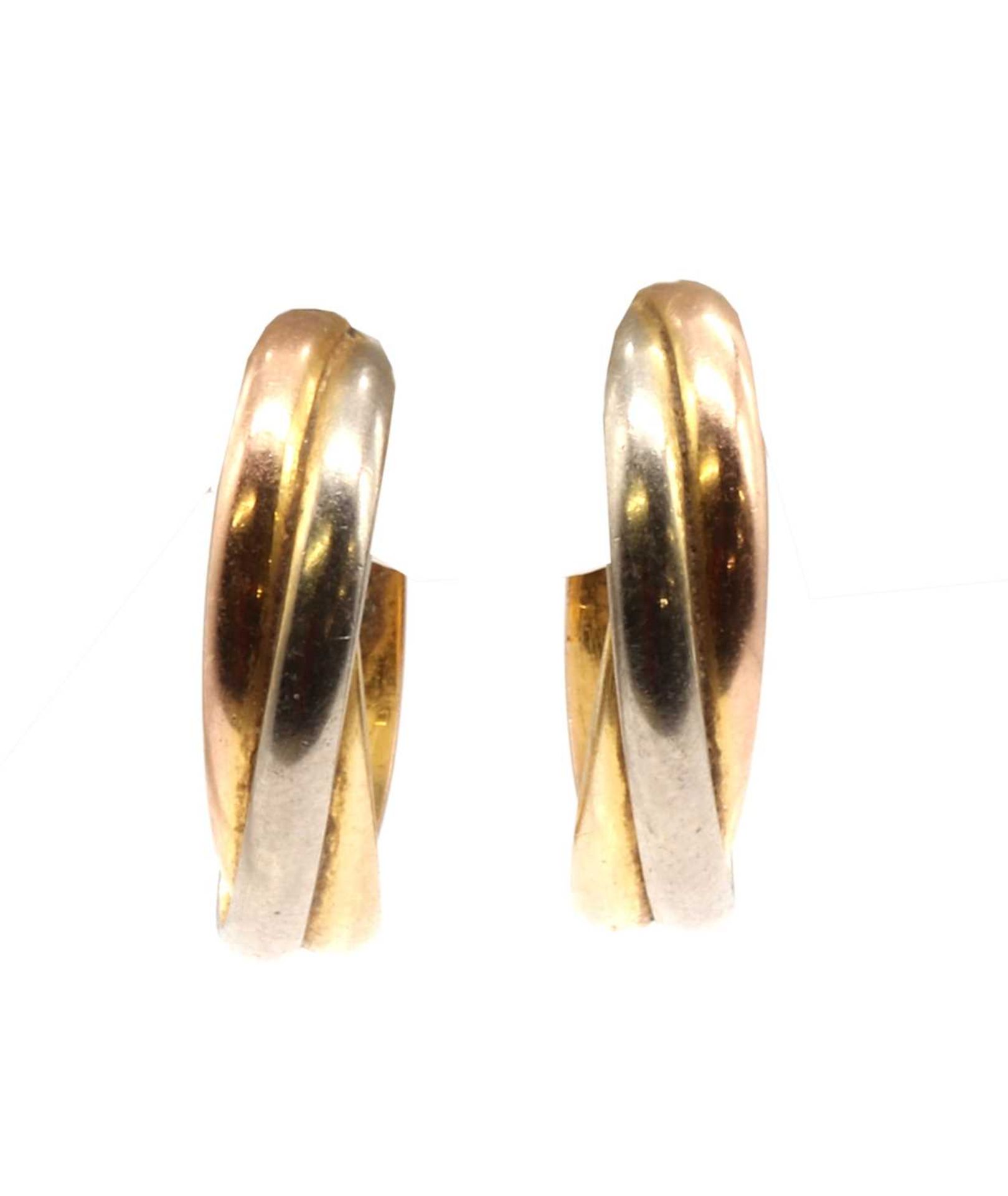 A pair of three colour gold hoop earrings,