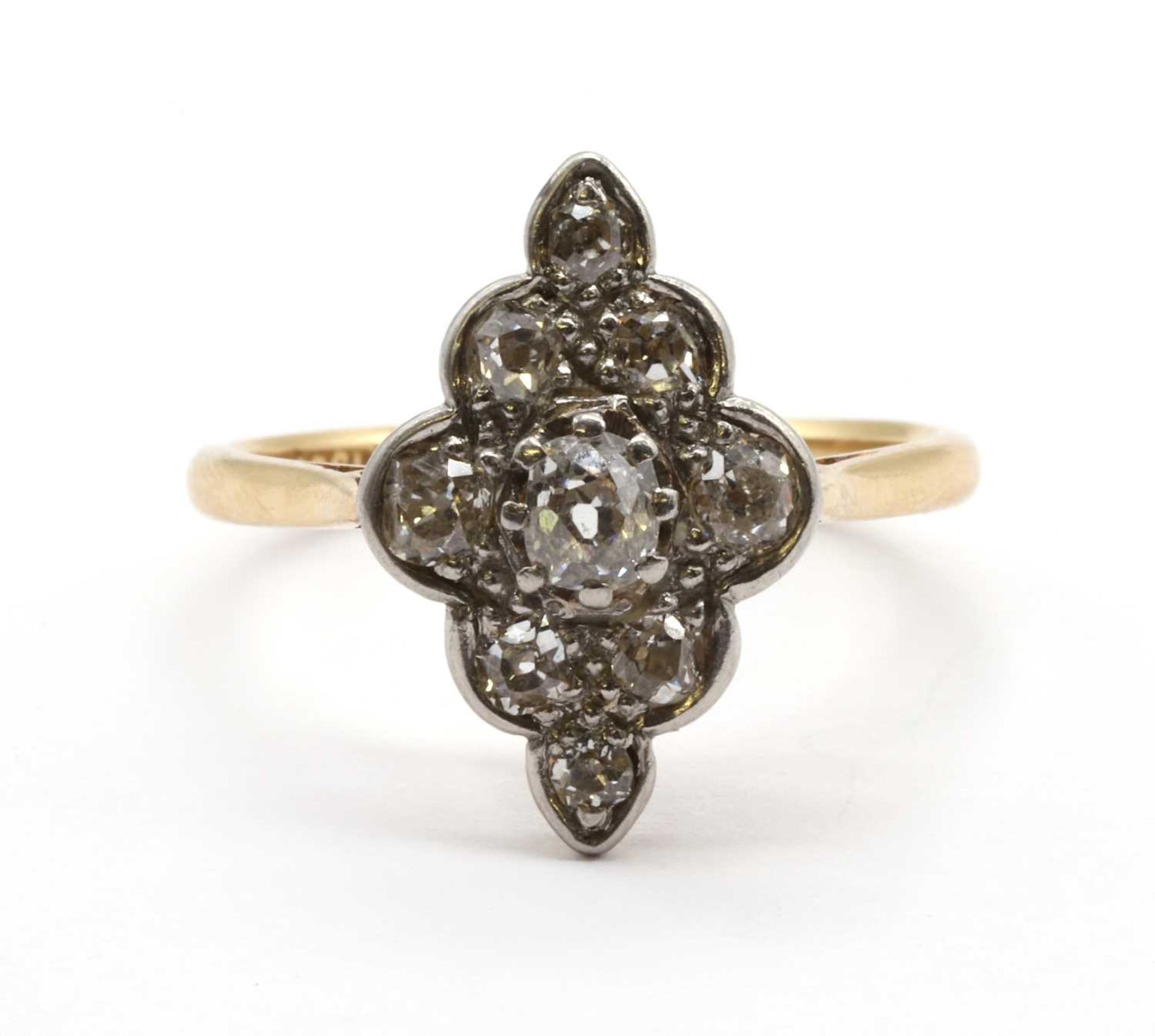 A gold diamond navette shaped cluster ring,