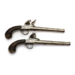 A pair of flintlock boxlock cannon barrelled pistols by M Collins, Dublin