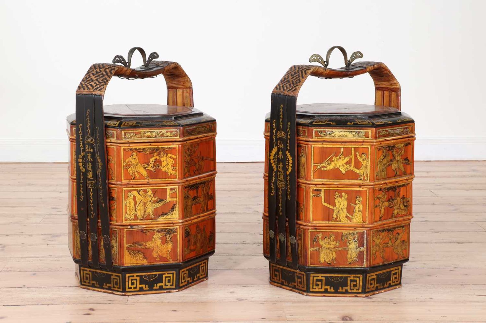 A pair of red-lacquered and gilt bamboo food carriers, - Image 3 of 43