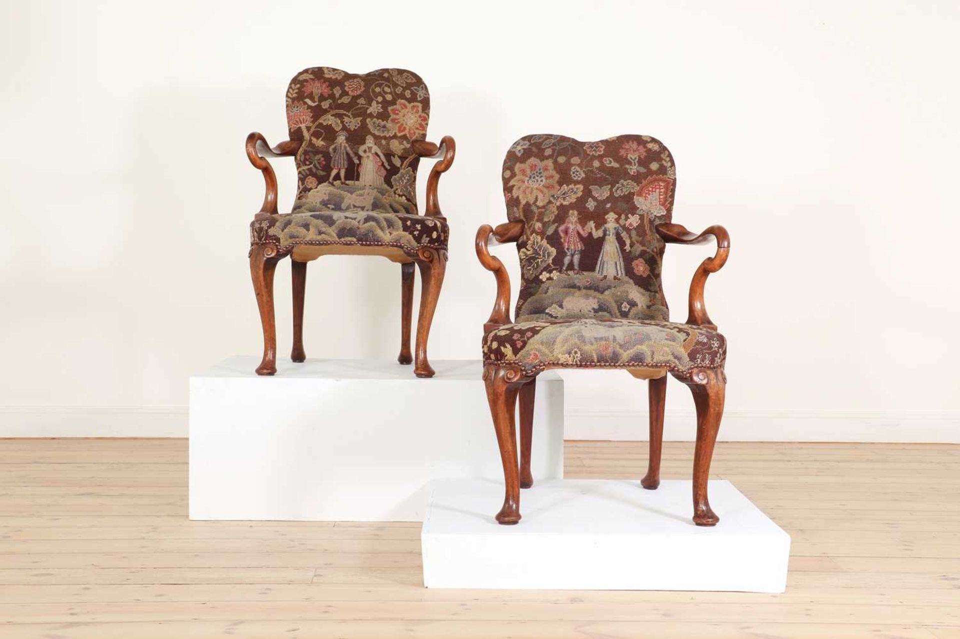 A pair of Queen Anne-style walnut armchairs, - Image 2 of 27